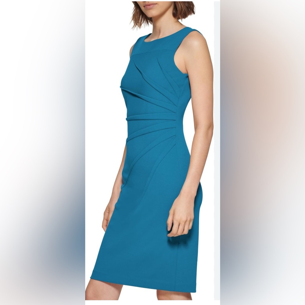 Calvin Klein Teal Sideburst Boat Neck Sleeveless Ruched Pencil Dress, Women’s 2